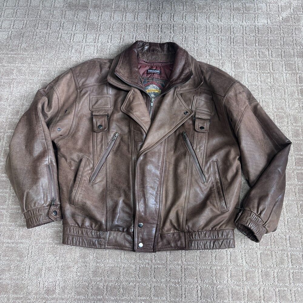 VTG 90's ADVENTURE BOUND Leather Bomber Jacket Mens XL Brown Thinsulate Lined